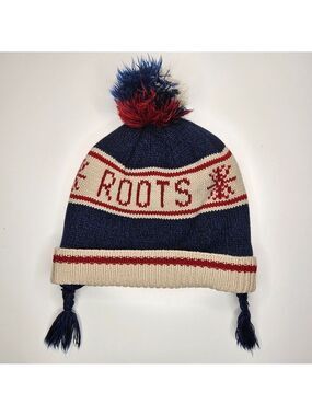 Roots Kids Canada Pom Pom Beanie Hat Earflap Winter Knit Blue Red 3-5 Yrs